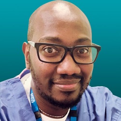 Headshot of  Dr Uwa Ima-Edomwonyi from the shoulders up wearing glasses.