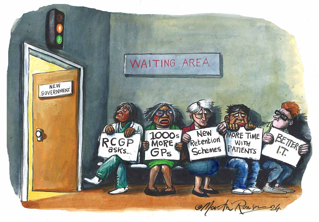 A satirical cartoon of doctors and patients in a waiting room by Martin Rowson.