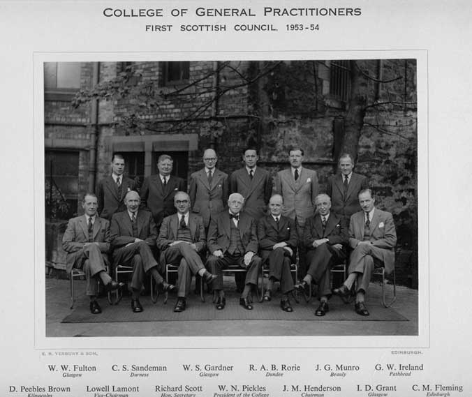 Black and white image of the RCGP's first Scottish Council, from 1953. Two rows of men in suits.