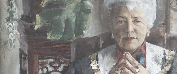 A painting of a woman on a ceremonial chair