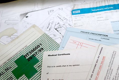 A colourful collection of forms likely carried by a general practitioner. 