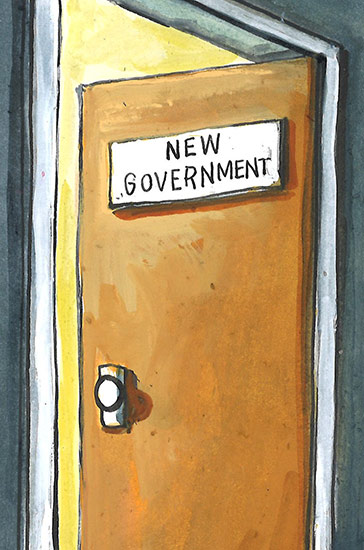 A cartoon drawing of an open wooden door with a 'new government' sign.