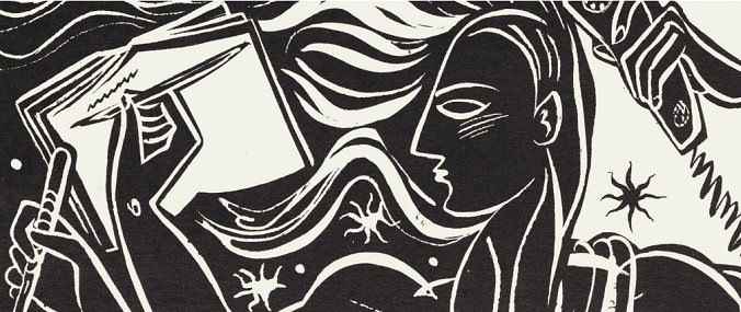 A black and white artistic drawing of a woman in profile