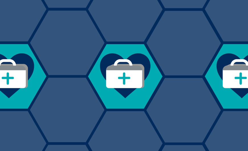 A graphic image of light blue and dark blue hexagonal tiles with symbols of a medical bag.
