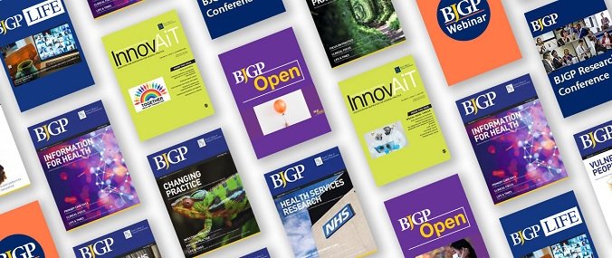 A selection of RCGP publications including BJGP and InnovAiT laid out in an array