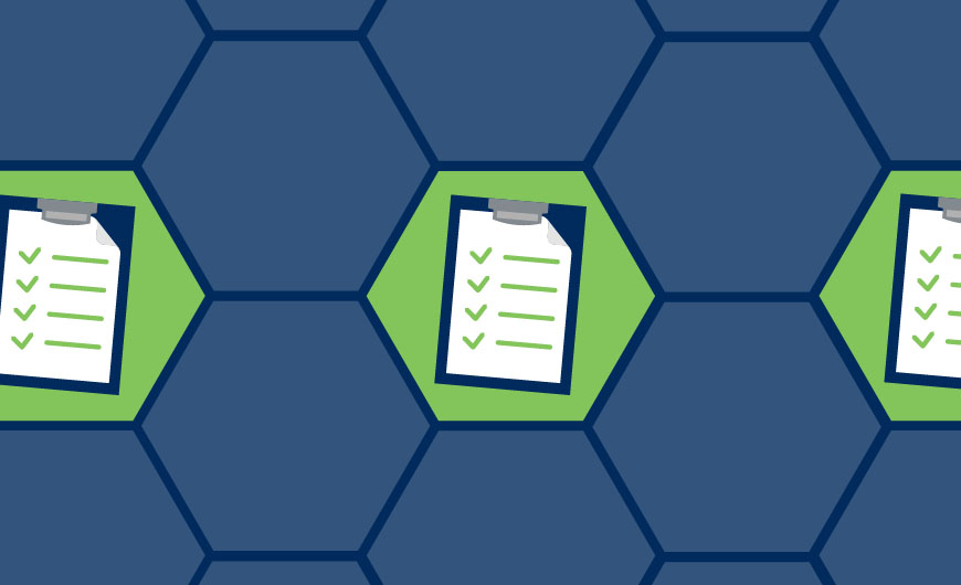 A blue and green graphic image which shows three clipboards in a row.