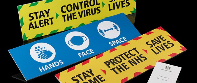 A collection of colourful stay at home banners used during the COVID-19 pandemic.