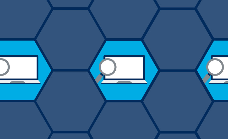 A graphic image of light blue and dark blue hexagonal tiles with symbols of laptops.